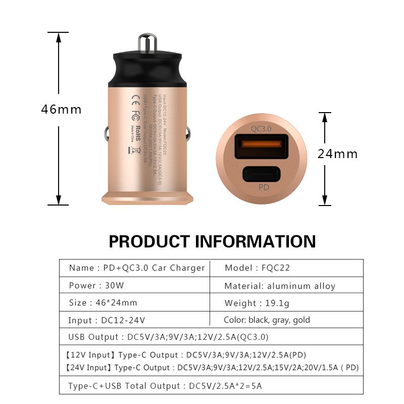 FQC22 PD+QC3.0 fast car charger factory